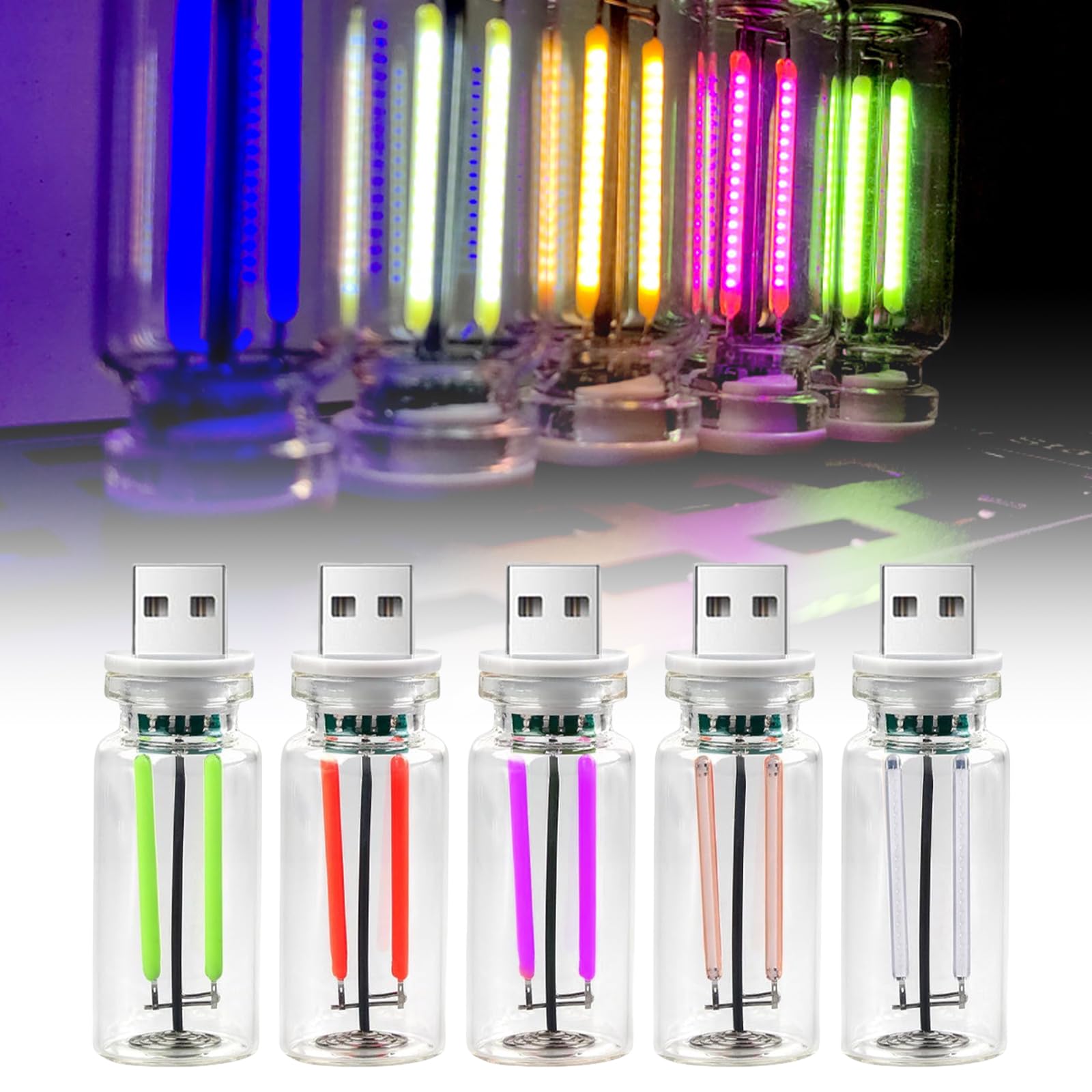 5 Stück Mini USB LED Licht Auto Atmosphäre, USB Auto LED Innenbeleuchtung, 5V Atmosphäre Licht, Kreative Glasflasche Lampe, Retro-Inspired Interior Mood Lamps, Touch Night Light von BORDEAG