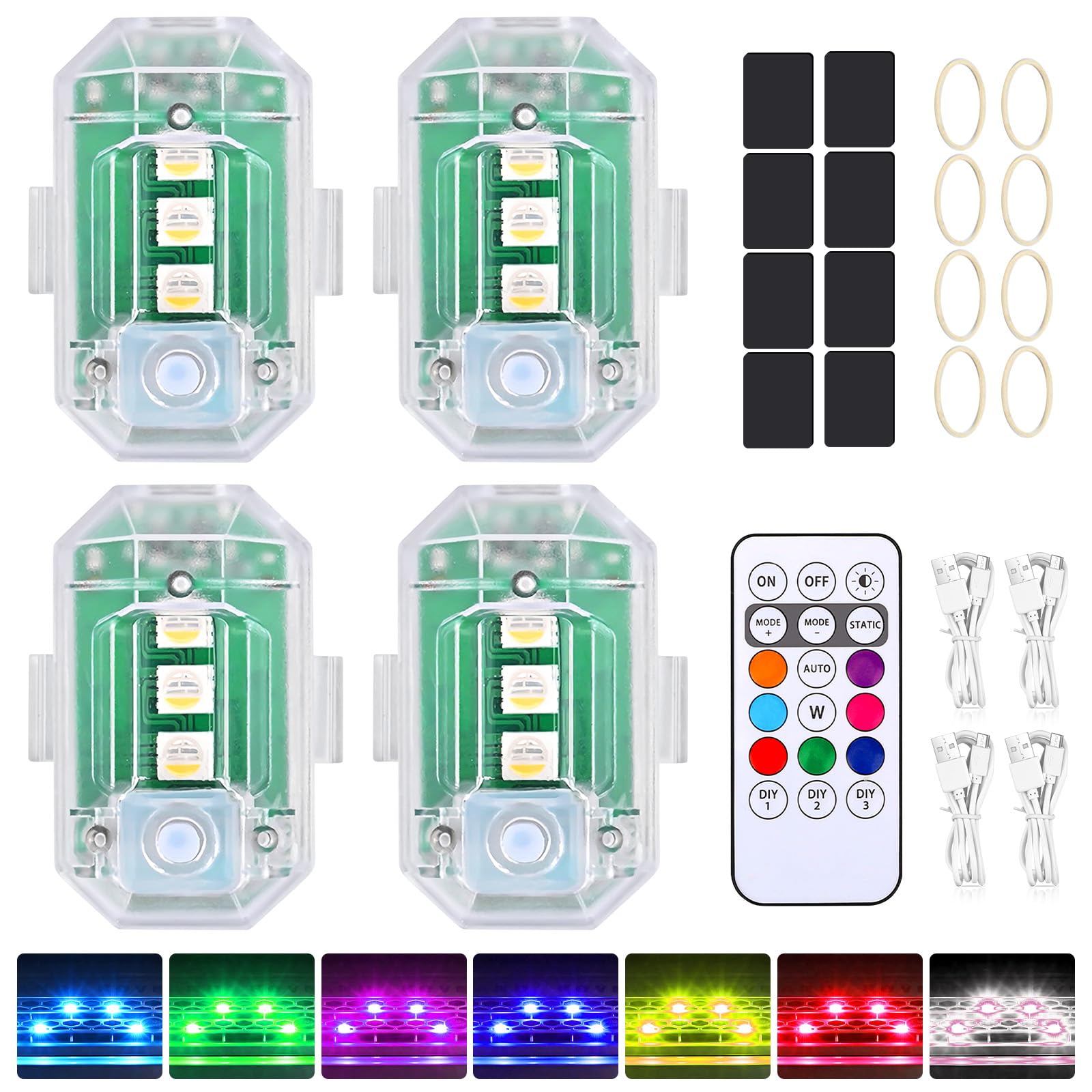 BORDEAG Auto Fernbedienung Blitzlicht, 4 Stück Drahtloses Auto LED-Blitzlichter Akku mit Fernbedienung, Strobe Drone Light, 8 Farben Hochhelle Blitzleuchte für Auto, LKW, Drohne, Motorrad, Fahrrad von BORDEAG