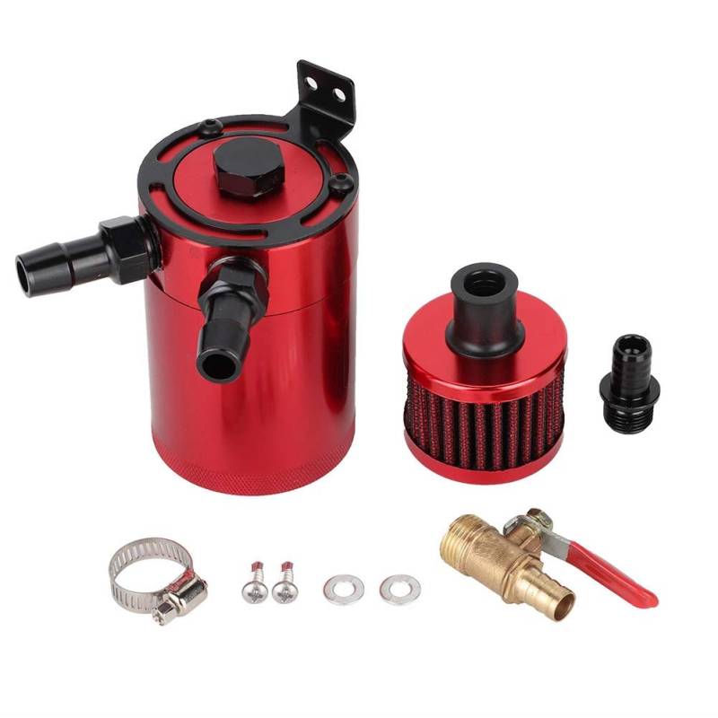 BOROCO Universal Oil Catch Can Baffled, Aluminiumlegierung Öltank Reservoir Catch Can mit 2 Port Zubehör Reservoir Catch Can Breather Tank Kit(Rot) von BOROCO