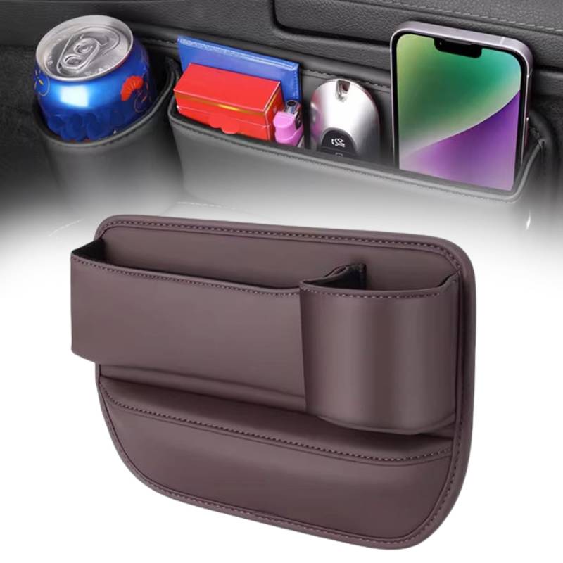 Jessena Car Leather Cup Holder Gap Bag, Seat Gap Storage Box, Car Seat Storage Box with Cup Holder, Universal Car Front Seat Storage Box for Phones Glasses Keys Cards (Brown,Passenger Seat) von BOSONS