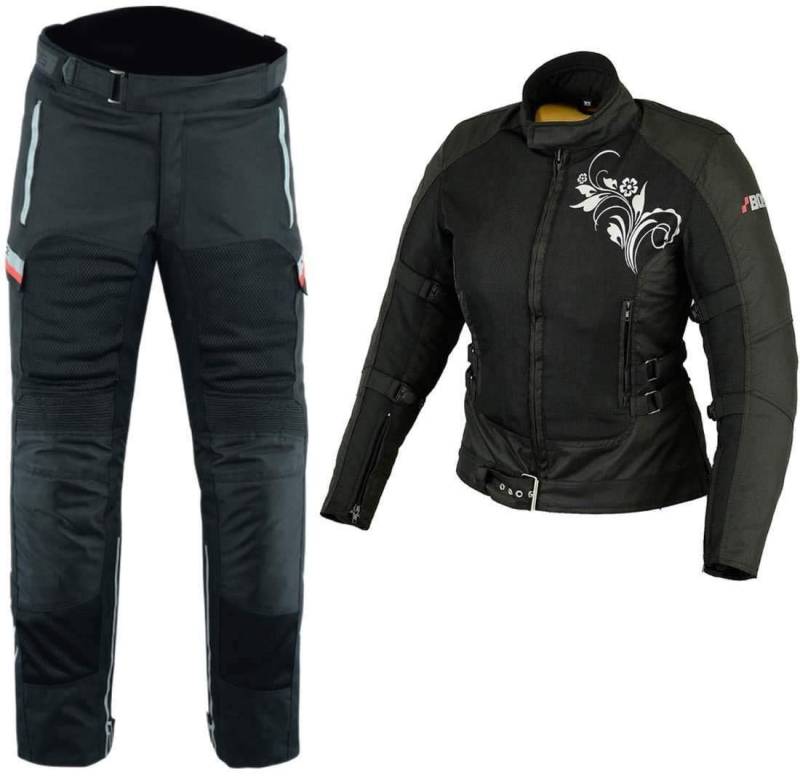 DAMEN MOTORRADKOMBI JACKE + HOSE + HANDSCHUHEN - BIKE MOTORRAD ROCKER TOURING in verschiedenen farben (L, Schwarz) von BOSmoto