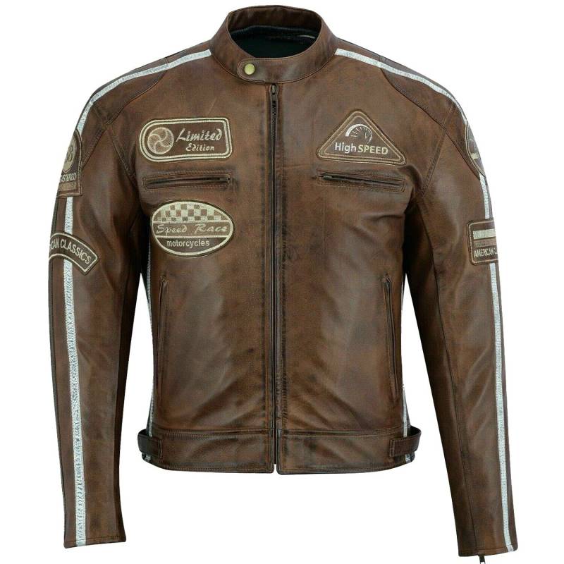 BOSmoto Herren Retro Biker Lederjacke Motorrad Jacke Race Streifen Rockerjacke Chopper, 4XL von BOSmoto