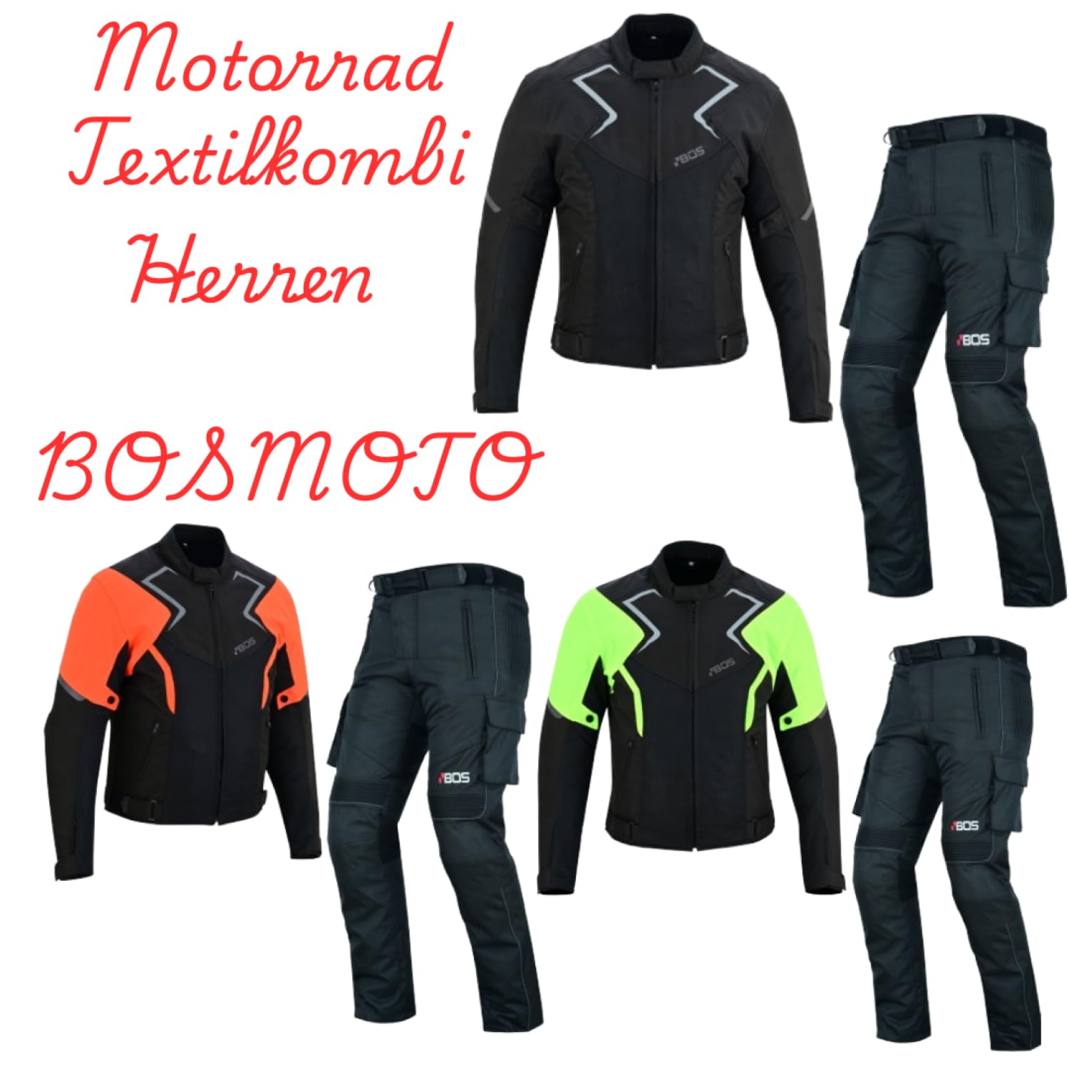 BOSmoto motorrad kombi textil motorradkombi hose mit protektoren jacke herren biker schwarz zweiteiler quad textilkombi (NEON, XS) von BOSmoto