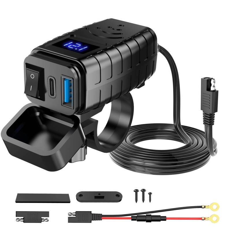 12V Motorrad USB Steckdose Wasserdicht: Dual USB Motorrad Ladegerät QC3.0 Motorrad USB Steckdose mit EIN-/Ausschalter und LED Spannungsmesser für 12V ~24V Motorrad Wohnmobil KFZ Boot von BOTEWO