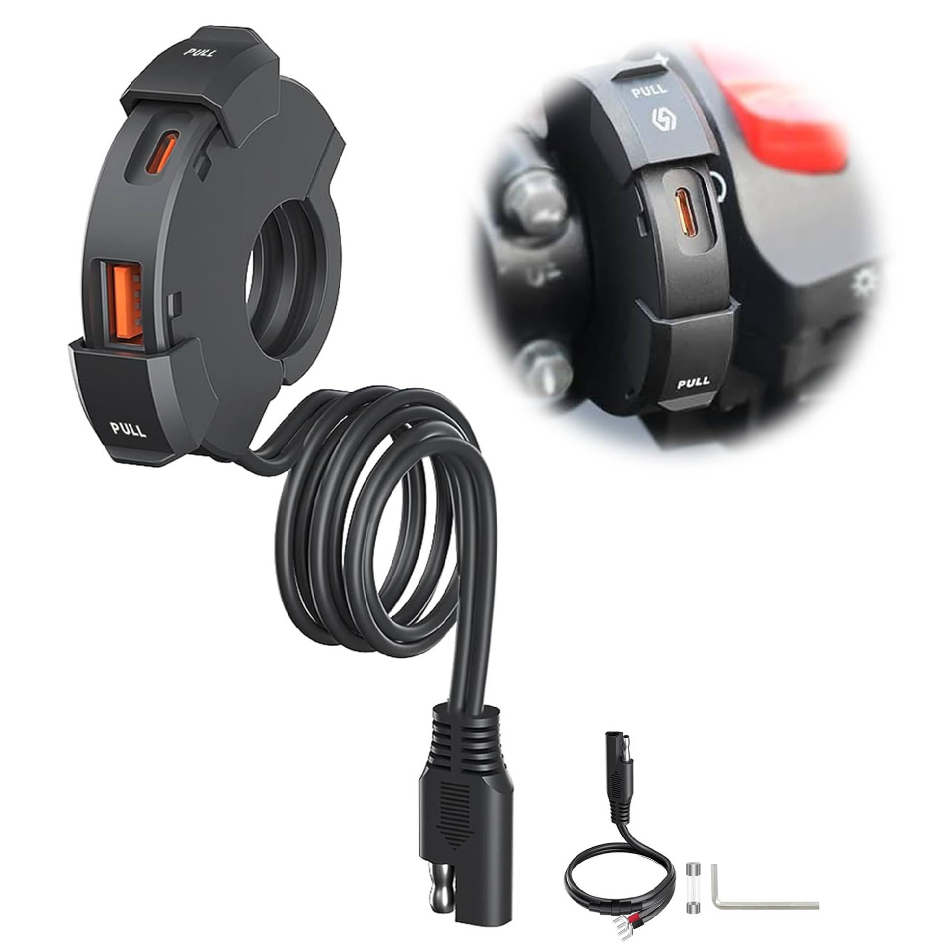 Motorrad USB Steckdose Wasserdicht: 12V/24V Dual USB-Motorradsteckdose 18W QC3.0 USB-A und 30W PD Type-C USB Ladegerät für Telefone Tablets Digitalkameras von BOTEWO