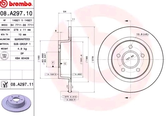 BREMBO Bremsscheibe FORD 08.A297.11 2T142A315AA,2T142A315BA,2T142A315BC Bremsscheiben,Scheibenbremsen 4367108,4457989,4475316,1362867,1362868 von BREMBO