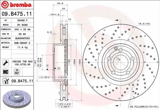 BREMBO Bremsscheibe MERCEDES-BENZ 09.B475.11 2314211012,2314211112,A2314211012 Bremsscheiben,Scheibenbremsen A2314211112 von BREMBO