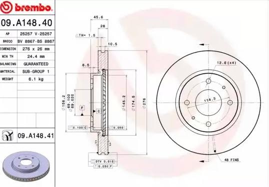 BREMBO Bremsscheibe MITSUBISHI 09.A148.41 MR510741,MR510742,MR527825 Bremsscheiben,Scheibenbremsen von BREMBO