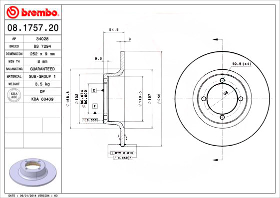 BREMBO Bremsscheibe SKODA 08.1757.20 113430210 Bremsscheiben,Scheibenbremsen von BREMBO