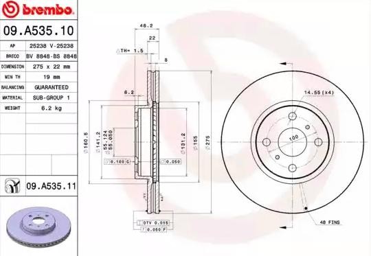 BREMBO Bremsscheibe TOYOTA 09.A535.11 435120D080,435120D100,435120D190 Bremsscheiben,Scheibenbremsen 4351252130,435120D200,435120D240,435120D250 von BREMBO