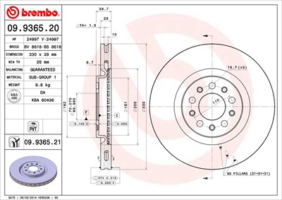 Brembo 1x Bremsscheibe [Hersteller-Nr. 09.9365.21] für Alfa Romeo von BREMBO