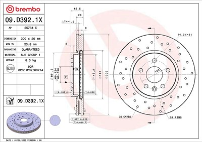 Brembo 1x Bremsscheibe [Hersteller-Nr. 09.D392.1X] für Opel von BREMBO