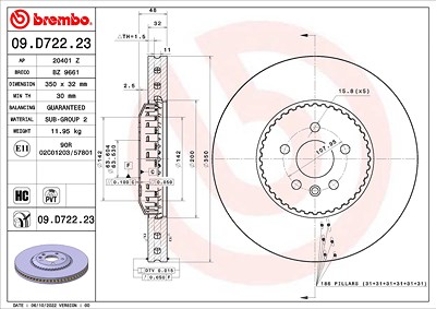 Brembo 1x Bremsscheibe [Hersteller-Nr. 09.D722.23] für Land Rover von BREMBO