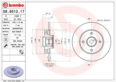 Brembo 1x Bremsscheibe Hinterachse Voll+Radlager+ABS [Hersteller-Nr. 08.9512.17] für Citroën, Peugeot von BREMBO