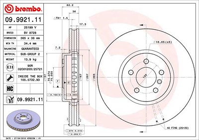 Brembo 1x Bremsscheibe Vorderachse Belüftet [Hersteller-Nr. 09.9921.11] für BMW von BREMBO