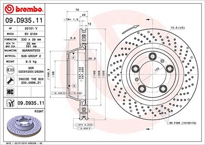 Brembo 1x Bremsscheibe belüftet hinten rechts [Hersteller-Nr. 09.D935.11] für Porsche von BREMBO