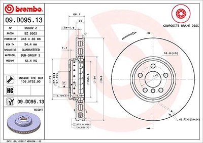 Brembo 1x Bremsscheibe belüftet vorne rechts [Hersteller-Nr. 09.D095.13] für BMW von BREMBO