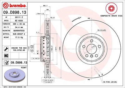 Brembo 1x Bremsscheibe belüftet vorne rechts [Hersteller-Nr. 09.D898.13] für BMW, Rolls-royce von BREMBO