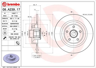 Brembo 1x Bremsscheibe mit Radlager Hinterachse [Hersteller-Nr. 08.A239.17] für Renault von BREMBO