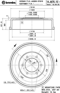 Brembo 1x Bremstrommel [Hersteller-Nr. 14.A676.10] für Nissan von BREMBO