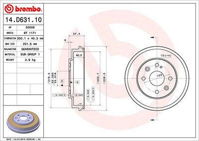 Brembo 1x Bremstrommel [Hersteller-Nr. 14.D631.10] für Mazda von BREMBO