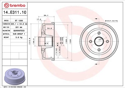 Brembo 1x Bremstrommel [Hersteller-Nr. 14.E311.10] für Opel, Vauxhall von BREMBO