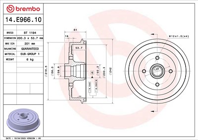 Brembo 1x Bremstrommel [Hersteller-Nr. 14.E966.10] für Chevrolet, Daewoo von BREMBO