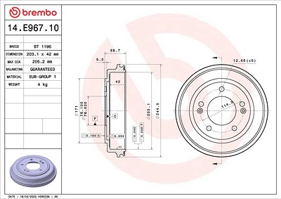 Brembo 1x Bremstrommel [Hersteller-Nr. 14.E967.10] für Hyundai, Kia von BREMBO