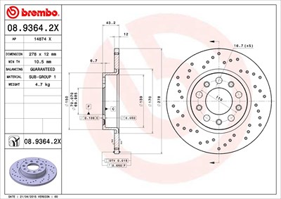 Brembo Bremsscheibe [Hersteller-Nr. 08.9364.2X] für Alfa Romeo, Fiat, Jeep von BREMBO