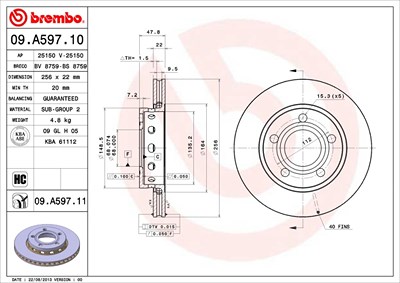 Brembo Bremsscheibe [Hersteller-Nr. 09.A597.11] für Audi, VW von BREMBO