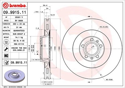 Brembo 1x Bremsscheibe [Hersteller-Nr. 09.9915.11] für Audi, VW von BREMBO