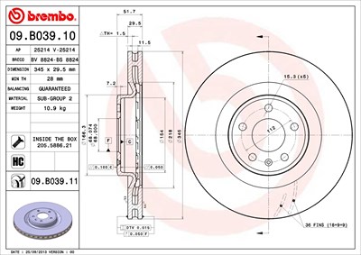 Brembo 1x Bremsscheibe [Hersteller-Nr. 09.B039.11] für Audi von BREMBO