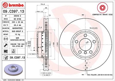 Brembo 1x Bremsscheibe Vorderachse Belüftet [Hersteller-Nr. 09.C397.13] für BMW von BREMBO