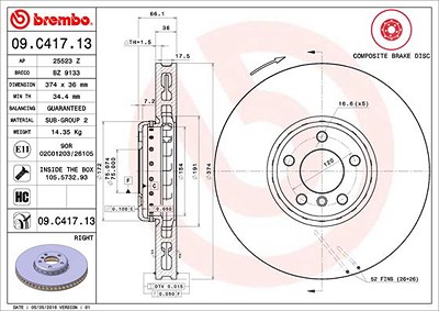 Brembo 1x Bremsscheibe belüftet vorne rechts [Hersteller-Nr. 09.C417.13] für BMW von BREMBO