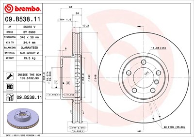 Brembo 1x Bremsscheibe [Hersteller-Nr. 09.B538.11] für BMW von BREMBO