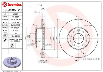 Brembo Bremsscheibe Vorderachse Belüftet [Hersteller-Nr. 09.A235.20] für Citroën, Fiat, Peugeot von BREMBO