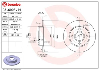 Brembo Bremsscheibe [Hersteller-Nr. 08.6903.14] für Ford, Mazda von BREMBO