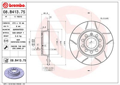 Brembo 1x Bremsscheibe [Hersteller-Nr. 08.B413.75] für Audi, Cupra, Seat, Skoda, VW von BREMBO