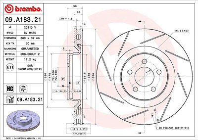 Brembo 1x Bremsscheibe [Hersteller-Nr. 09.A183.21] für Chrysler von BREMBO