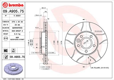 Brembo 1x Bremsscheibe [Hersteller-Nr. 09.A905.75] für Ford, Volvo von BREMBO