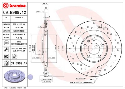 Brembo 1x Bremsscheibe [Hersteller-Nr. 09.B969.1X] für Audi, Porsche, VW von BREMBO