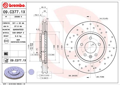 Brembo Bremsscheibe [Hersteller-Nr. 09.C377.1X] für Opel, Vauxhall von BREMBO