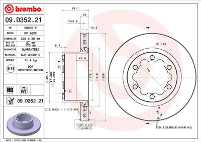 Brembo 1x Bremsscheibe [Hersteller-Nr. 09.D352.21] für Man, VW von BREMBO