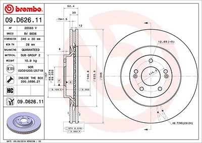 Brembo 1x Bremsscheibe [Hersteller-Nr. 09.D626.11] für Hyundai von BREMBO