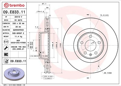 Brembo 1x Bremsscheibe [Hersteller-Nr. 09.E833.11] für Audi von BREMBO