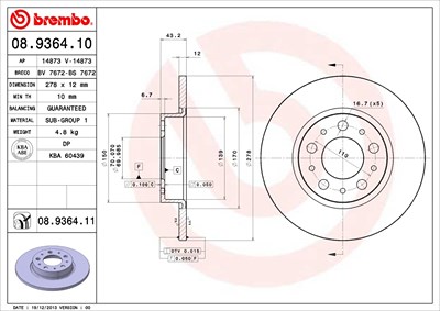 Brembo Bremsscheibe Hinterachse Voll [Hersteller-Nr. 08.9364.11] für Alfa Romeo von BREMBO