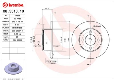 Brembo Bremsscheibe Hinterachse Voll [Hersteller-Nr. 08.5510.10] für Audi von BREMBO