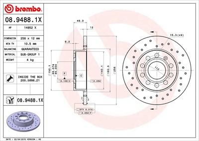 Brembo Bremsscheibe Hinterachse Voll [Hersteller-Nr. 08.9488.1X] für Audi, Seat, Skoda, VW von BREMBO