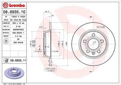 Brembo Bremsscheibe Hinterachse Voll [Hersteller-Nr. 08.6935.11] für Seat, Ford, VW von BREMBO