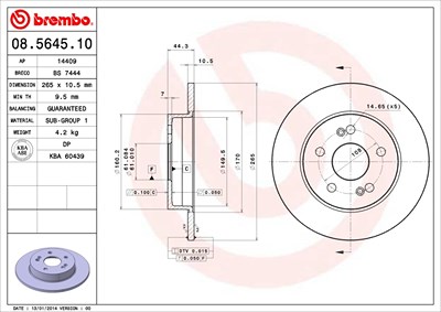 Brembo Bremsscheibe Hinterachse Voll [Hersteller-Nr. 08.5645.10] für Renault von BREMBO